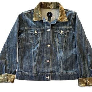 Joluka Embellished Women's Button Front Contrast Trim Denim Jacket Blue Large